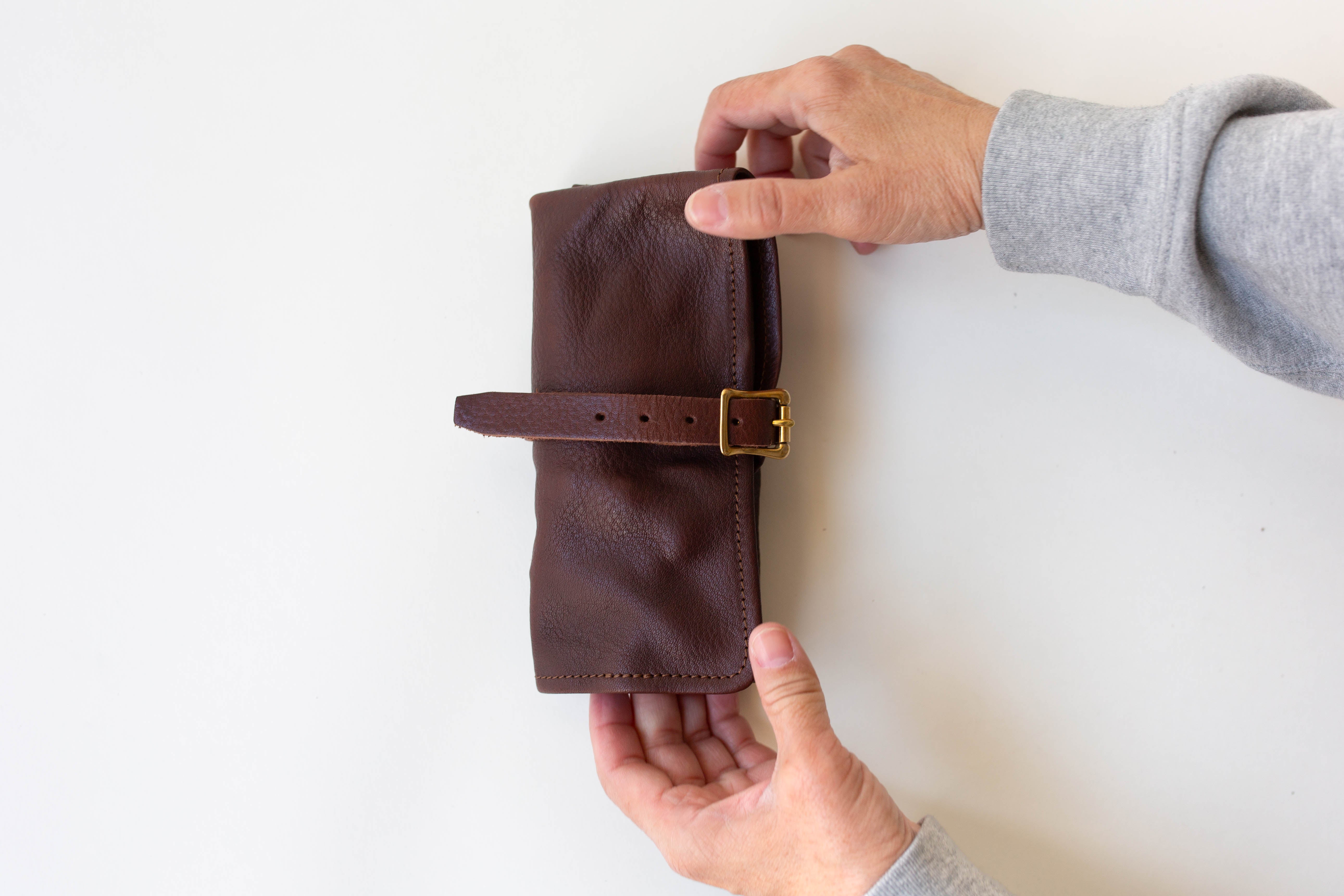 Leather Pen Roll Case - Dark Brown
