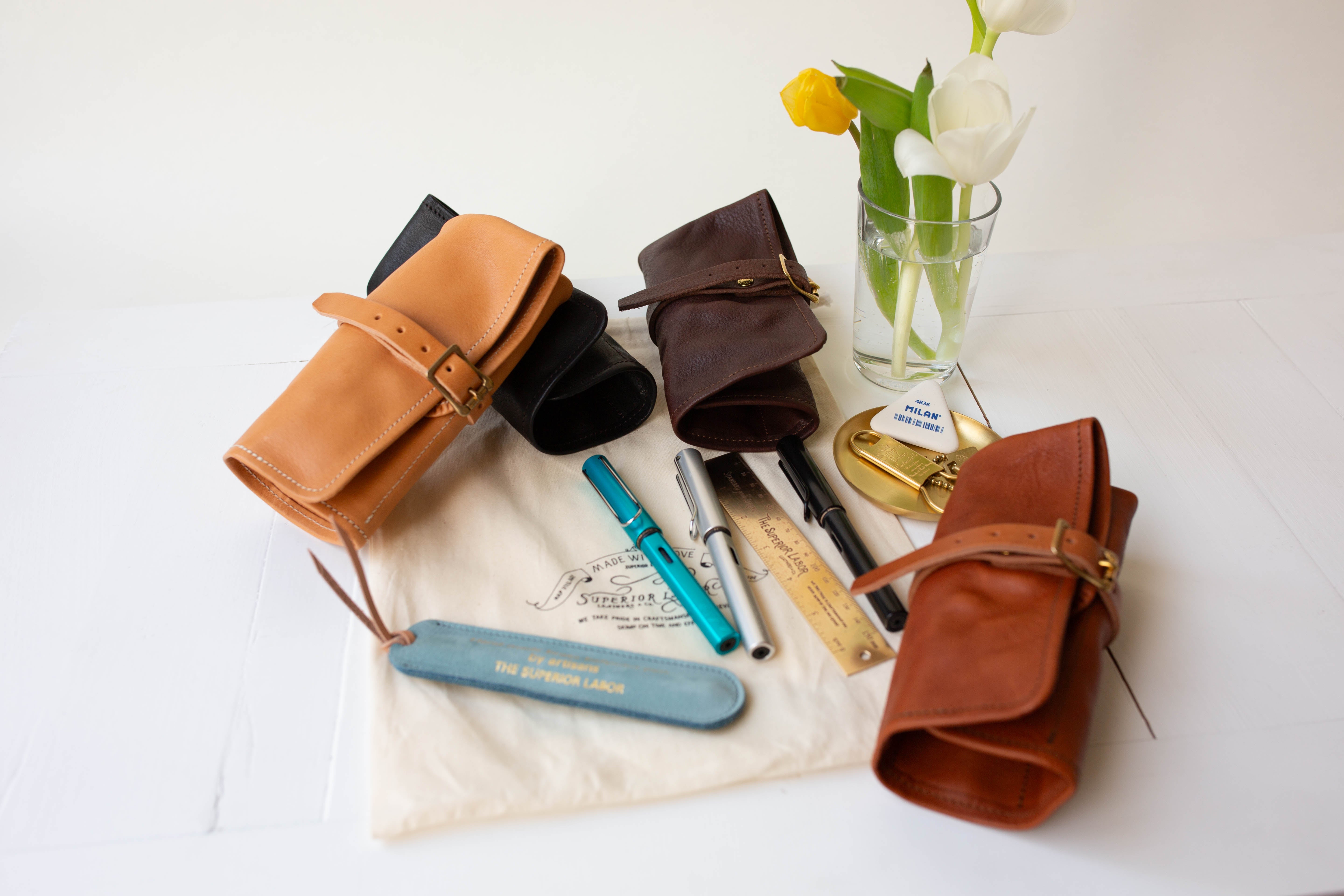 Leather Pen Roll Case - Natural