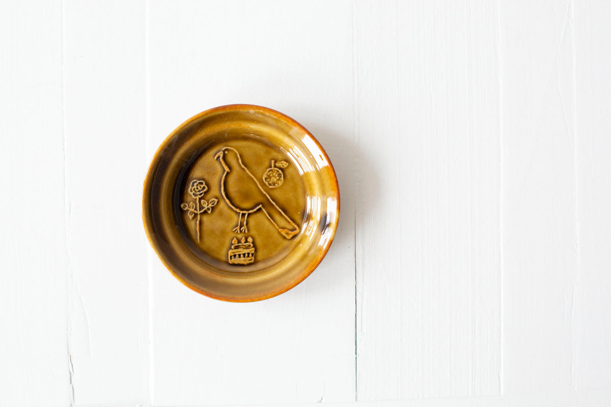 Toranekobonbon Round Small Dish Mustard - Bird