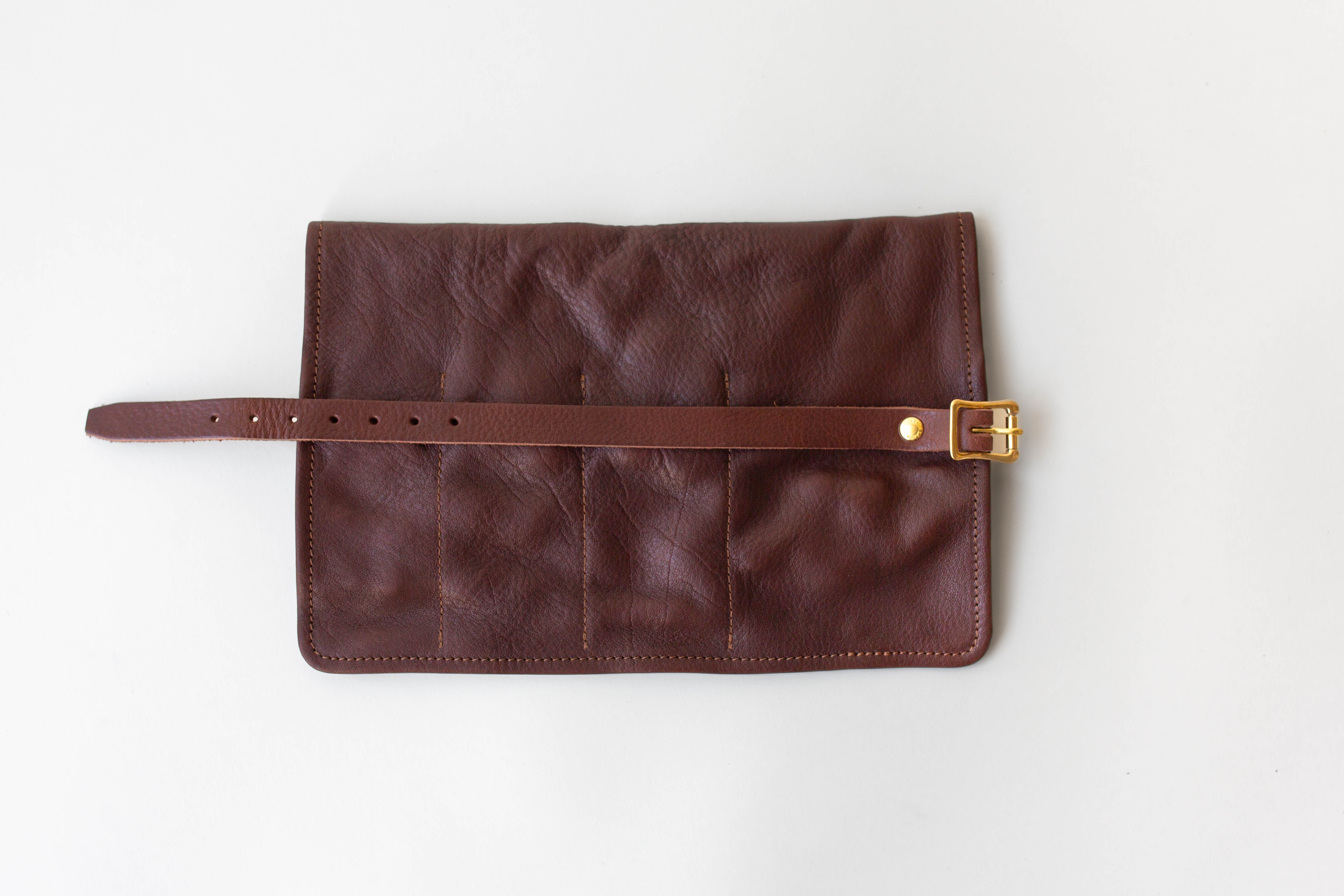 Leather Pen Roll Case - Dark Brown