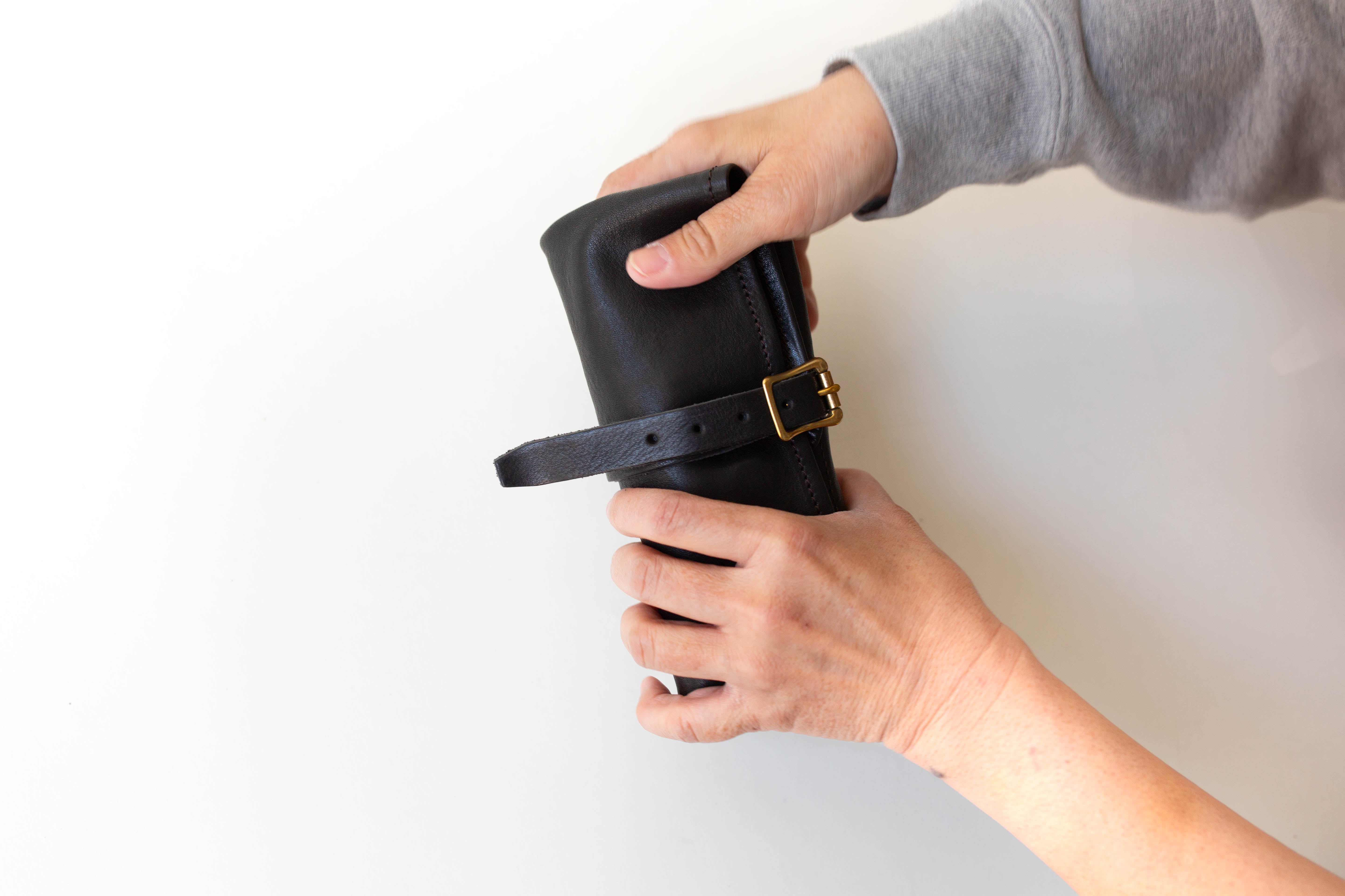 Leather Pen Roll Case - Black