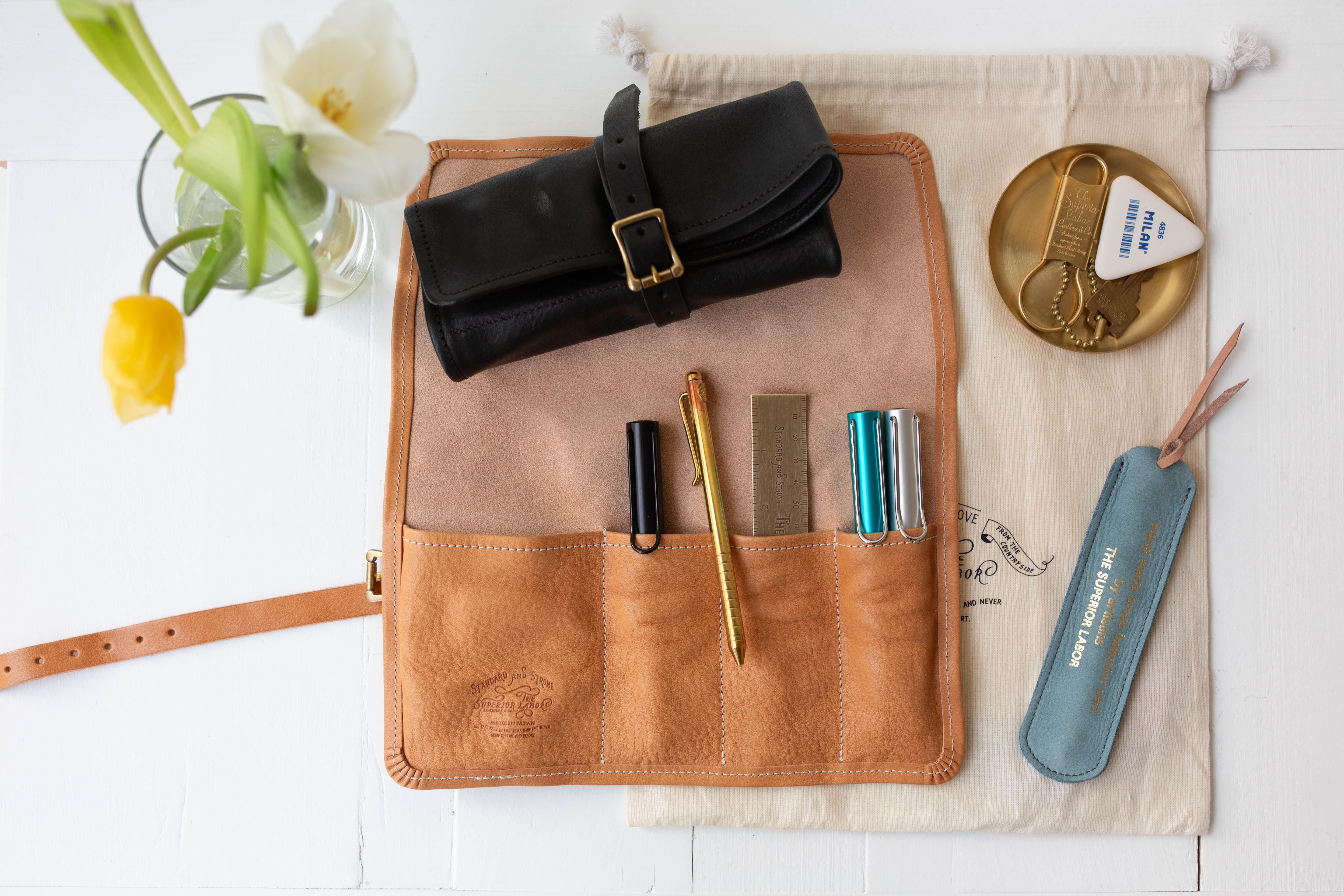 Leather Pen Roll Case - Natural