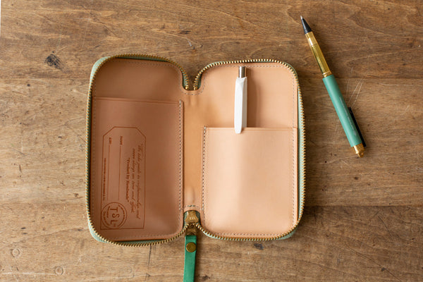 Leather Square Zip Pen Case Matte Green
