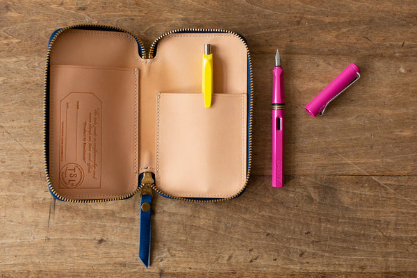 Leather Square Zip Pen Case Matte Blue