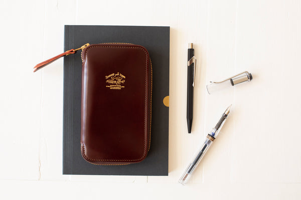 Cordovan Leather Square Zip Pen Case  - Burgundy
