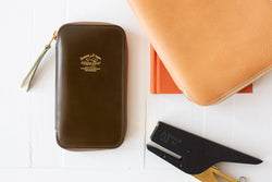 Cordovan Leather Square Zip Pen Case  - Olive