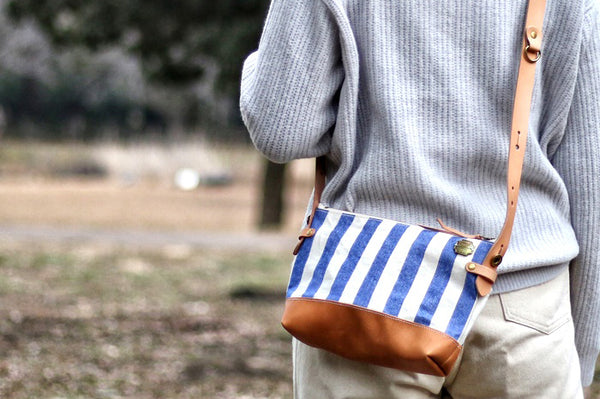 Striped Leather-Bottom Shoulder Bag - Small