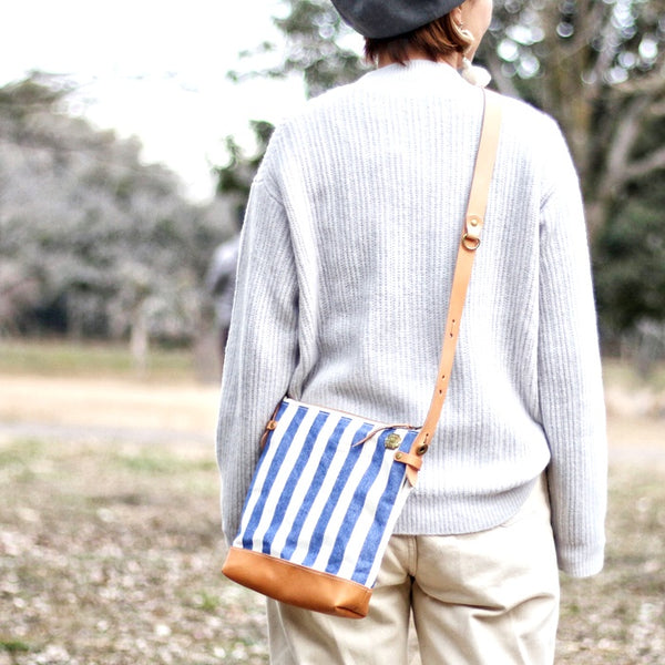 Striped Leather-Bottom Shoulder Bag Deep - Small
