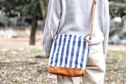 Striped Leather-Bottom Shoulder Bag Deep - Regular