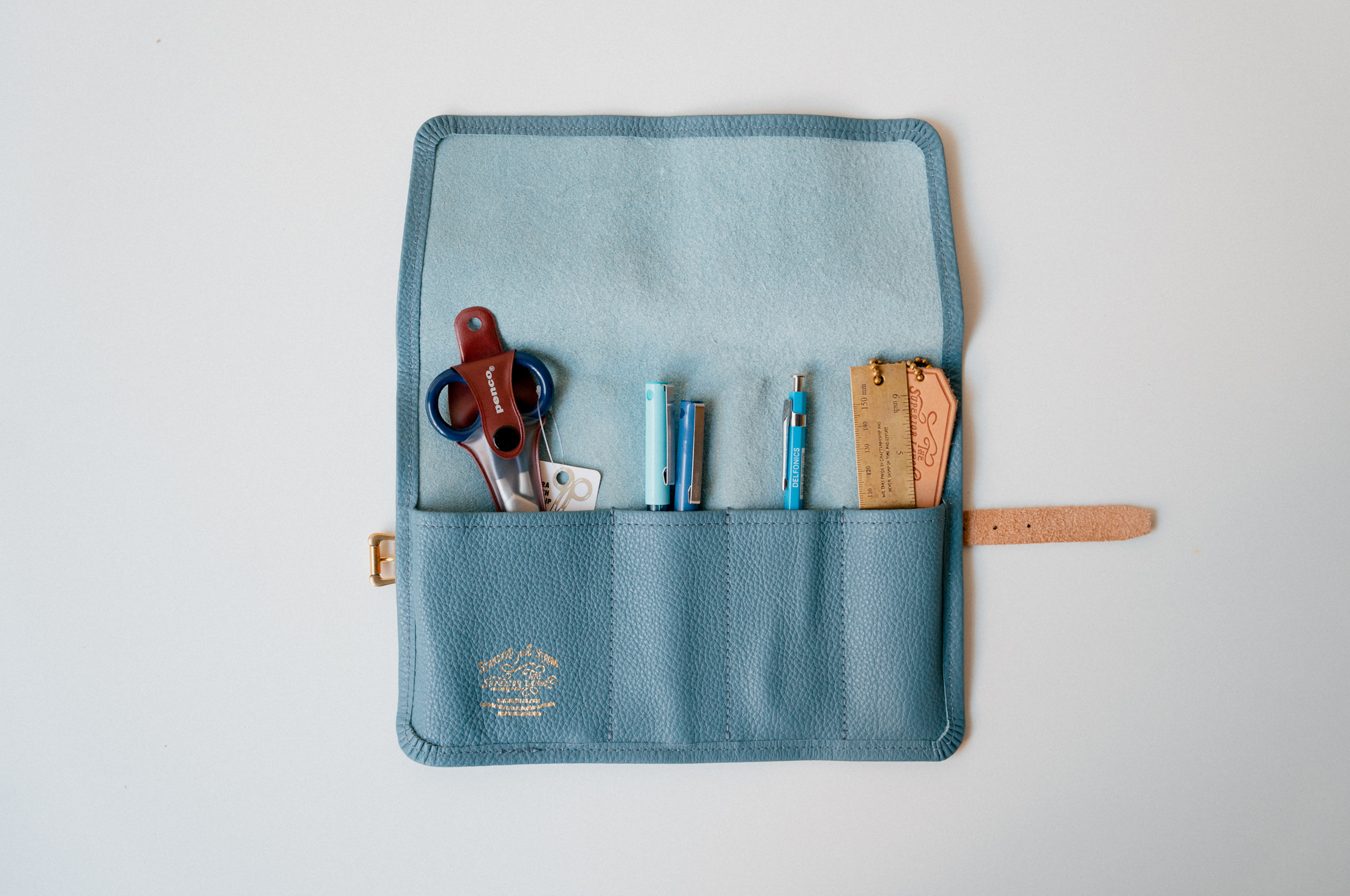 Pen Roll Case  - Blue with Brown Strap